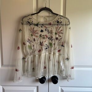 Zara Sheer Blouse with Multicolor Floral Embroidery